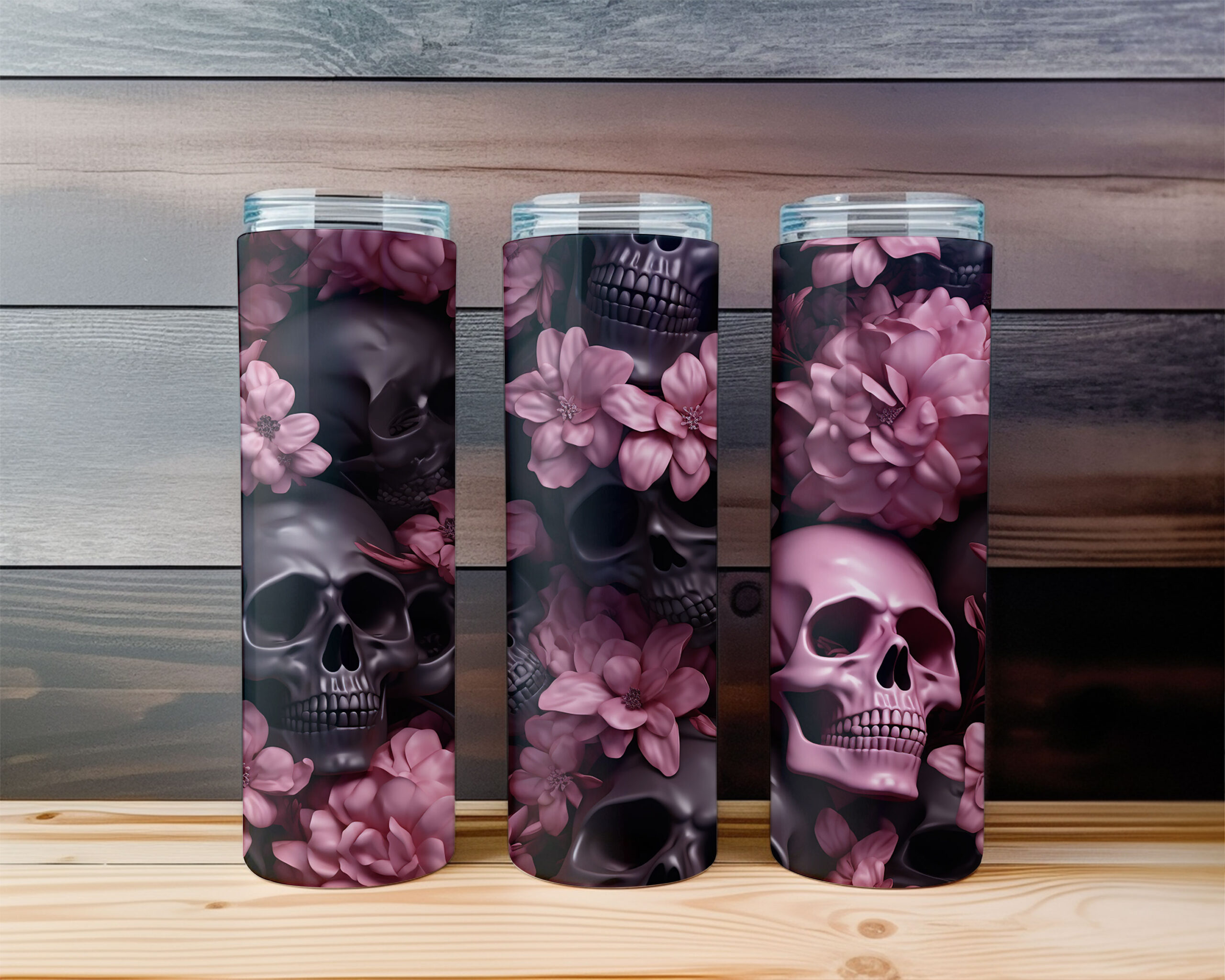 Pink Flowers – Black Skulls Seamless 20 oz Skinny Tumbler Sublimation Design